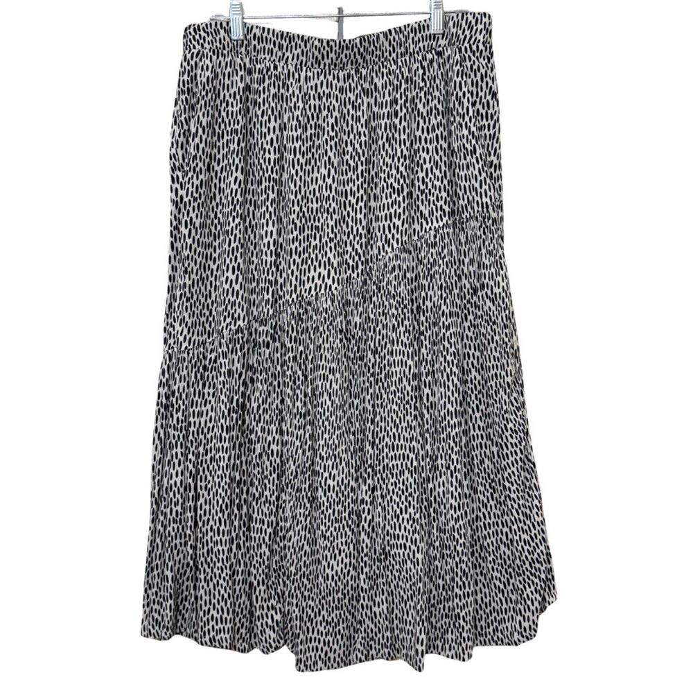 Garnet Hill Asymmetric Tiered Midi Skirt Size L Taupe Black Dot Lined Pull-on